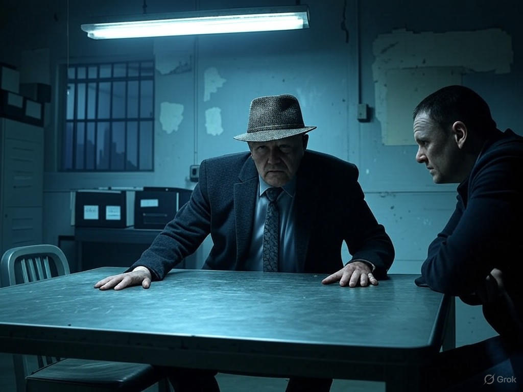 A tense interrogation scene from The Departed, capturing the moral complexities of classic crime dramas