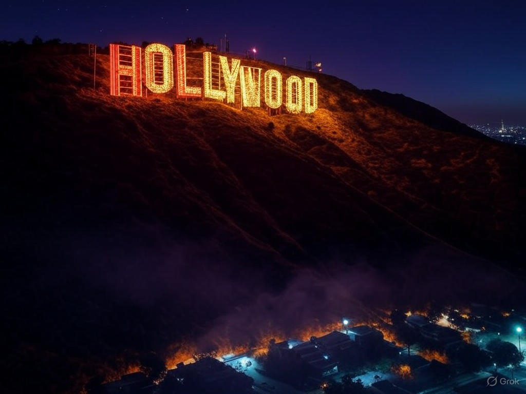 Hollywood sign illuminated with Broadway marquee lights