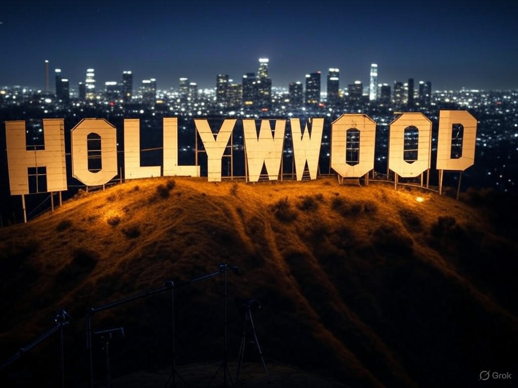 Hollywood's iconic sign illuminated at night