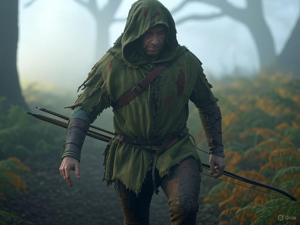 Hugh Jackman as a battle-worn Robin Hood in the misty English woods