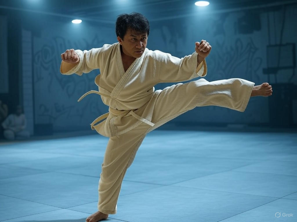 Jackie Chan executing a high-flying kick in 'Karate Kid: Legends'