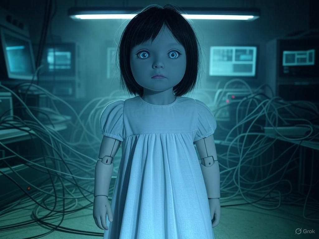 M3GAN doll activating in a dimly lit lab