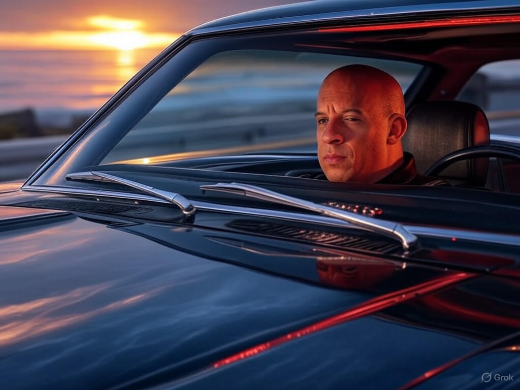 Vin Diesel behind the wheel of a custom muscle car